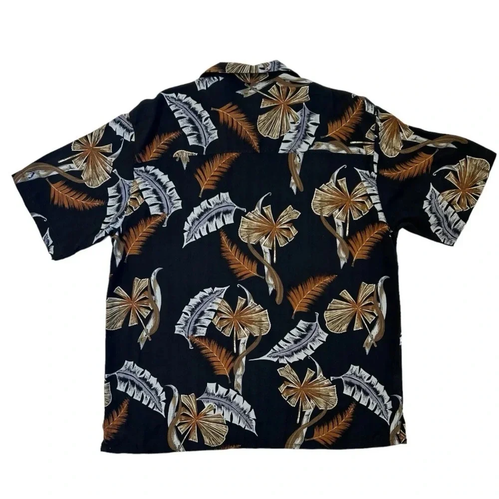 Vtg Paradise Coves Mens Blk Printed 100% Silk Button-Down Hawaiian Shirt Size XL